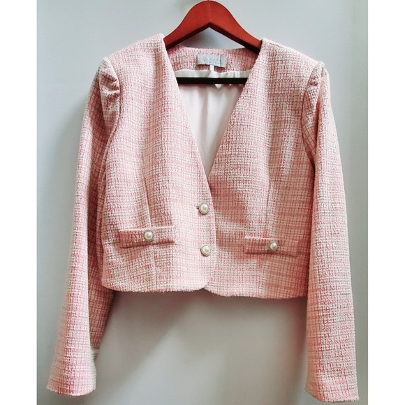 Wayf Jackets & Blazers - WAYF Blazer M Calling Elle Woods Boucle Check Pearl Rhinestone Button Pink/Gold